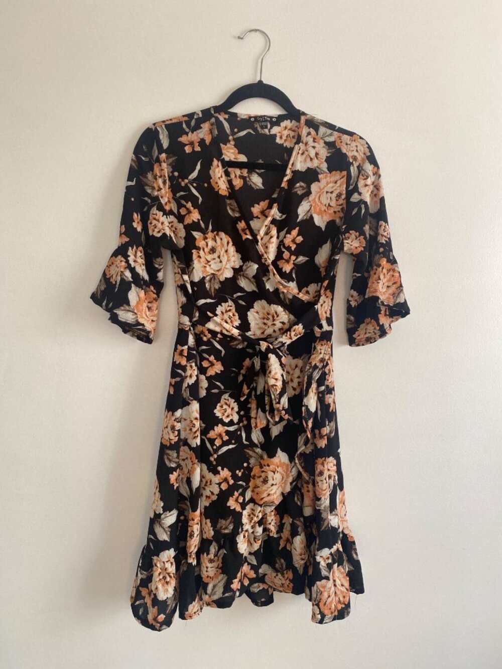 Floral Black Faux-Wrap Dress With Ruffle Sleeves & Hem Size L